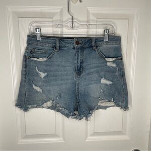 Judy Blue Hi Waist Distressed Stretch Jean Raw Hem Shorts JB1555 Medium Blue L